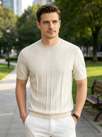 2026 Summer New Laysier And Linen Men'S Textured Vertical Pock-Dot Knit Short Sleeve Light Business Gentleman All-Match Round Neck Solid Color Casual T-Shirt - Ivory White
