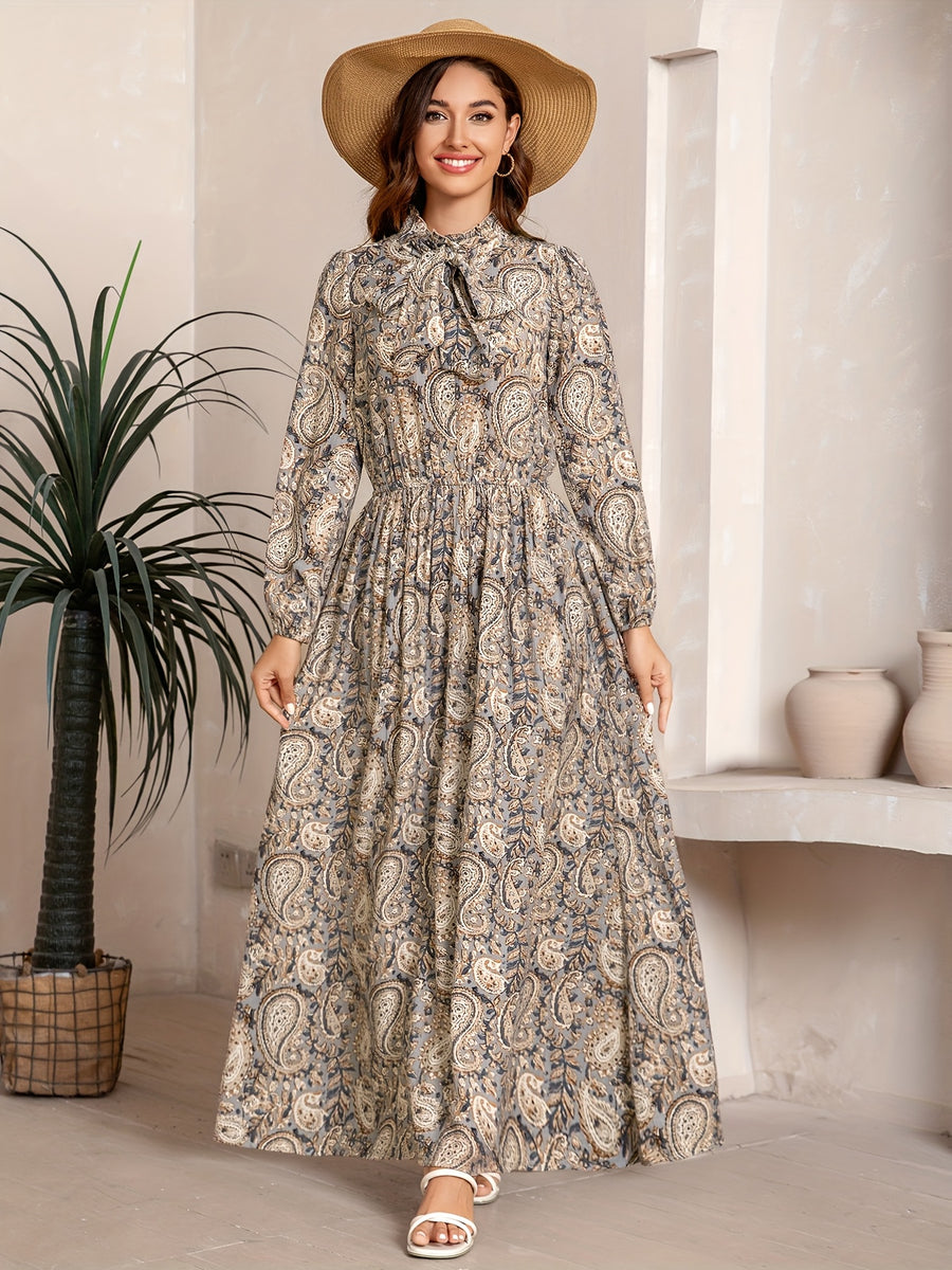 Middle Eastern Spring/Summer Drawstring Waist Long Sleeve Bow Dress Women'S Elegant Casual Artistic Vintage Vacation Bohemian Style Retro Robe - Light Cyan