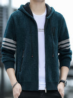 Men'S Striped Fleece Hooded Cardigan, Casual Slightly Stretch Breathable Zip Up Thermal Jacket for Fall Winter Outdoor, Knit - Navy Color