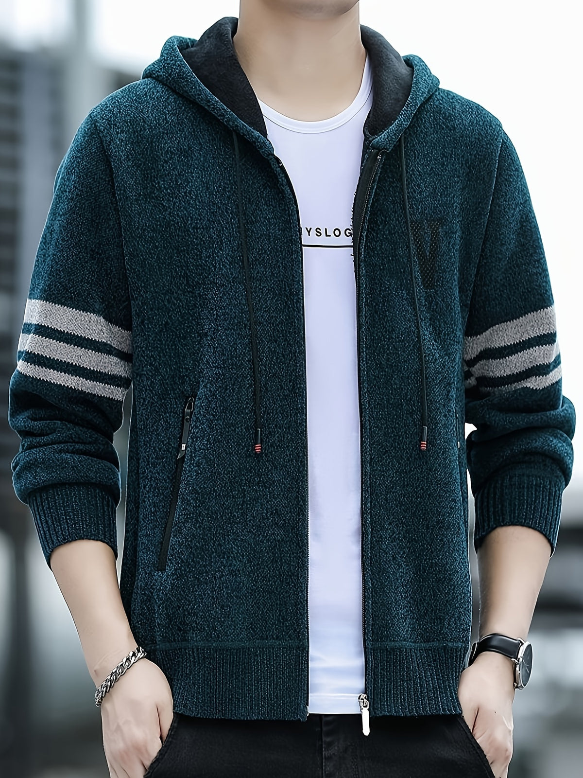 Men'S Striped Fleece Hooded Cardigan, Casual Slightly Stretch Breathable Zip Up Thermal Jacket for Fall Winter Outdoor, Knit - Navy Color