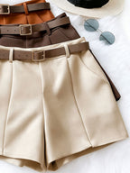 Fashionable Loose-Fit Versatile Shorts, Comfortable Wide-Leg Women's Shorts for Home or Outdoor Wear, 3pcs Set with Belt - Apricot + Brown + Caramel