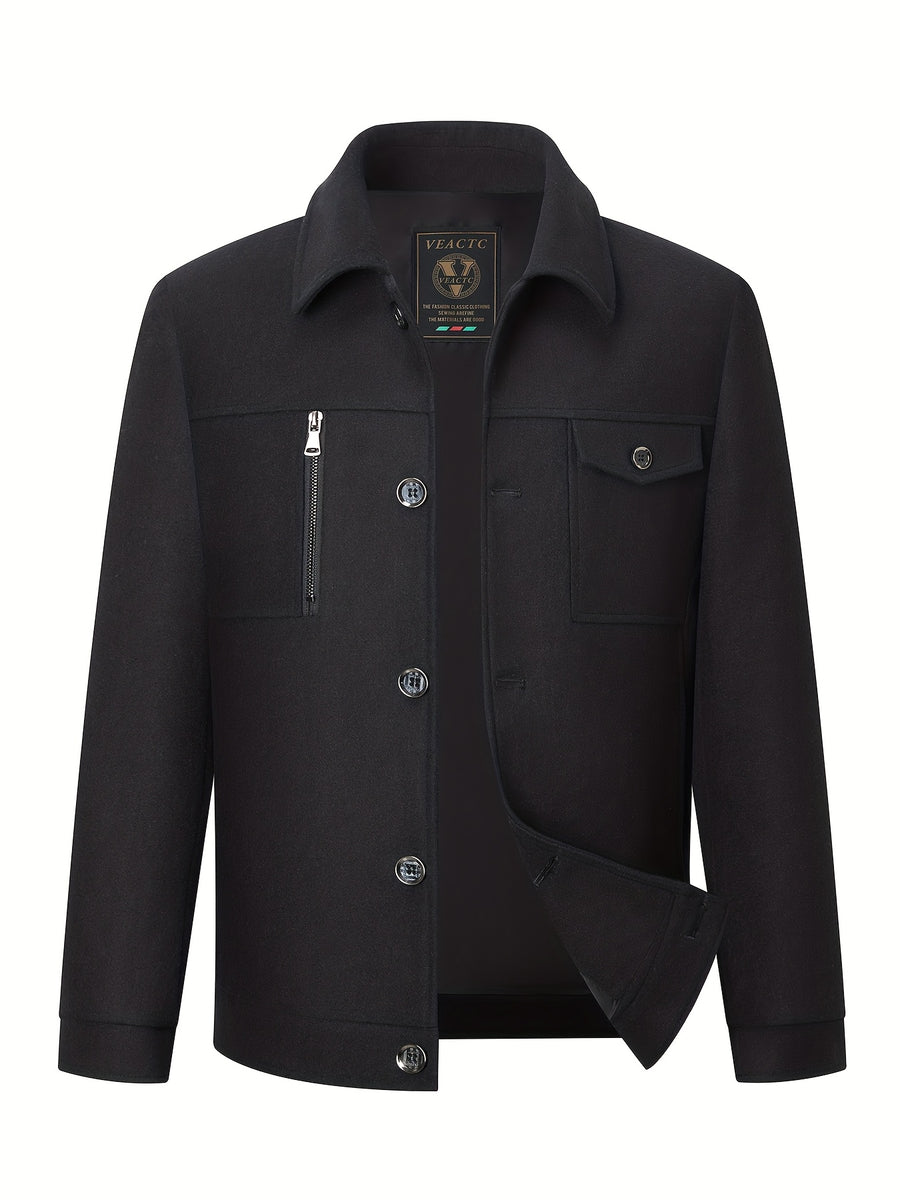 Spring/Autumn Wool Jacket, Workwear Style Outerwear, Warm Fall Style, Solid Color Men's Apparel with Faux Pockets - Black