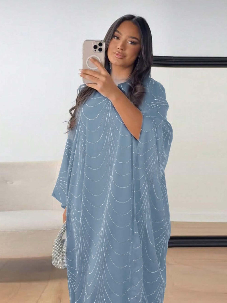 Ramadan Middle East Muslim New Women's Fashion Loose Rhinestone Batwing Sleeve Abaya Gown - Bright Steel Blue