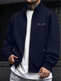 Men's Stand Collar Jacket for Urban Outings, European and American Style Casual Long Sleeve Spring/Autumn Jacket with Pockets, Ribbed Cuffs and Hem, Full Zipper Closure, Men's Sport Outerwear Jacket - Navy Color