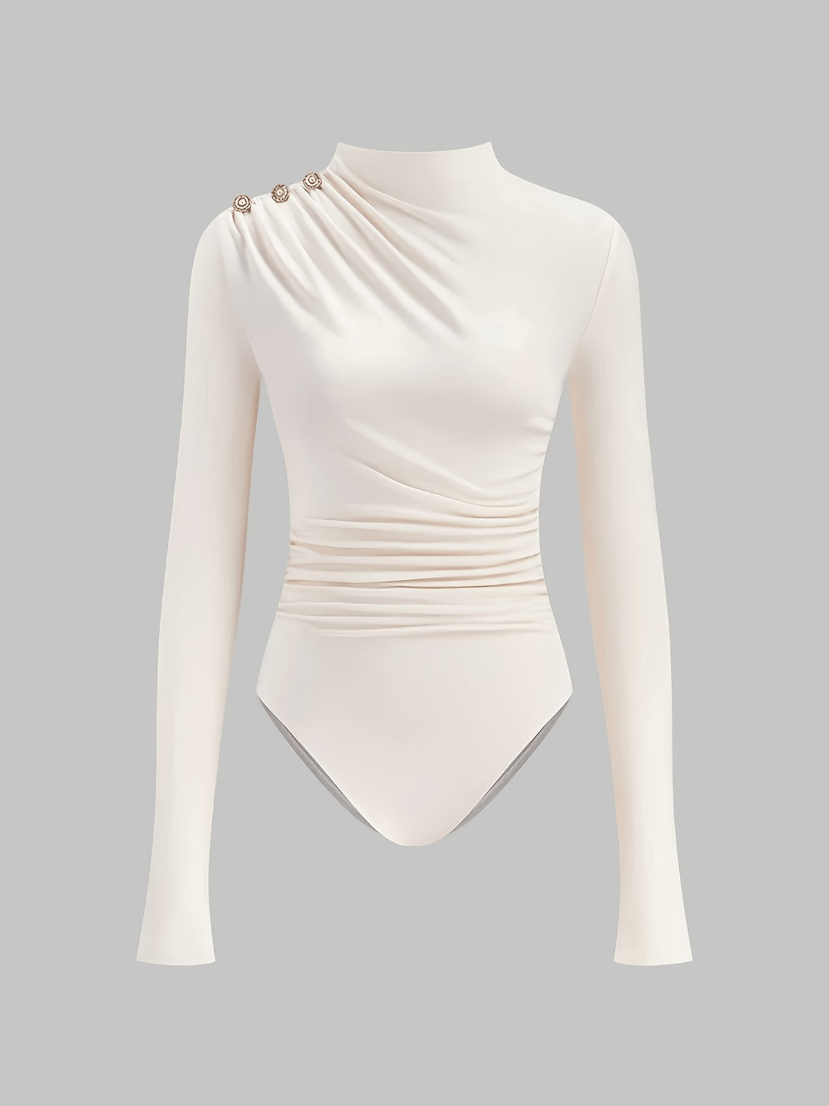 Women's Half-Turtleneck Pleated Bodysuit with Off-Shoulder Decorative Button Long-Sleeve Top, Slim-Fit Waist-Cinching Solid Color Base Layer Bodysuit - Apricot