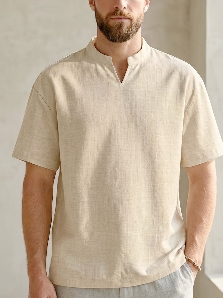 Men'S Textured Henley Shirt, Casual Short Sleeve V-Neck T-Shirt, Summer Beach Vacation Style, Non-Iron Breathable Top - Wheat-colored