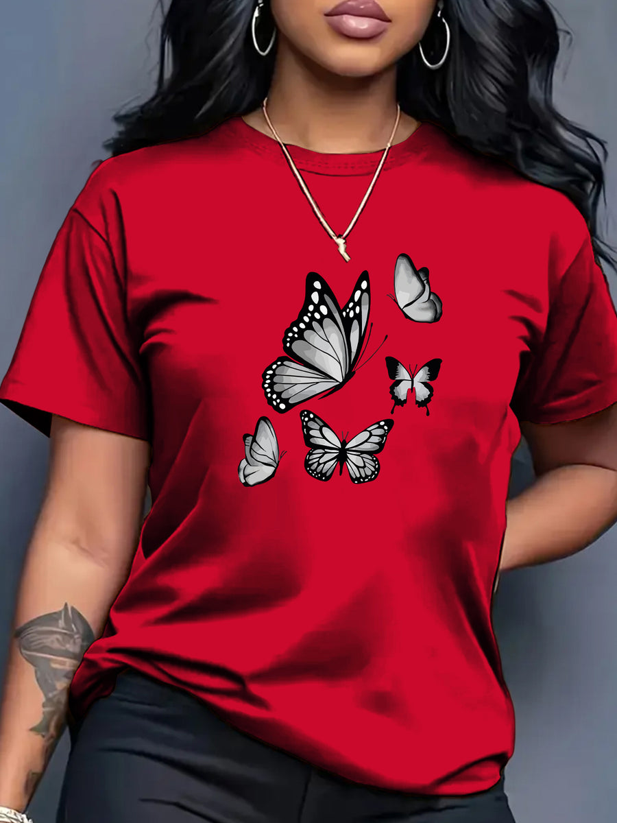 Spring And Summer Trendy Butterfly Print Women'S Casual Fashion Round Neck Short Sleeve T-Shirt, a Stylish Top for - Red