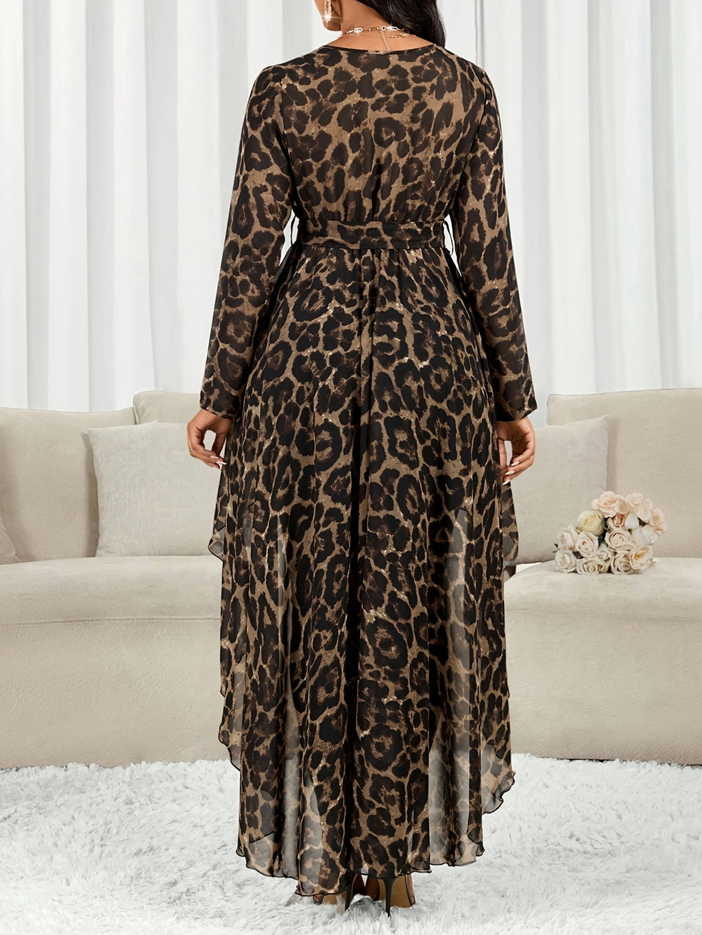 YY1029275 Women'S Long Top with Leopard Print, V-Neck, Shorter in The Front And Longer in The Back. A Versatile Long Shirt with a Tie - Camel