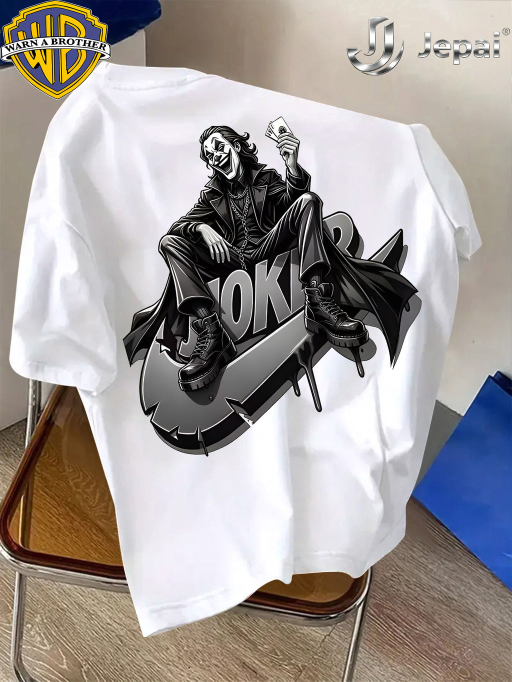 Warner Exclusive, Vintage Street Style DC Joker Themed Print Men's Summer Basic Daily Casual Short-Sleeve Top, Casual Crew Neck Shirt, Suitable for Outdoor Wear, Fitness, Office, and Daily Outfits, an Essential Item for Men's Basic Wardrobe - White