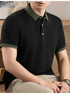 Men's Embossed Jacquard Short-Sleeve Polo Shirt, Available in Multiple Colors, Featuring a Textured, Fine, and Skin-Friendly Fabric with Contrast-Color Lapels. Suitable for Business Commuting, Business Trips, Receiving Guests, Golf, Fishing - Black