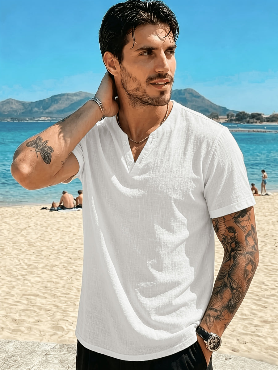 Men'S Summer Solid Short Sleeve T-Shirt, Button-Up V-Neck Casual Top, Soft And Comfortable Linen Fabric, Suitable for Daily Home And Outdoor Wear - White