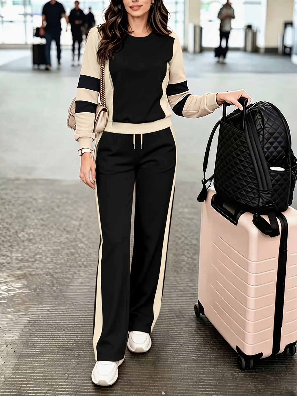 Women'S Fashion Casual Color Block Pants Set for Spring and Autumn - Black