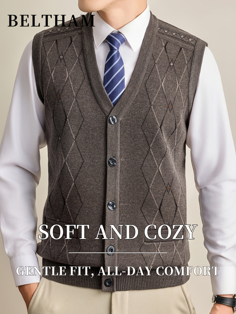 New Autumn Winter Men Thick Knit Vest, Ideal Gift for Dad And Husband, Knit Waistcoat with Pockets, Warm Cold Resistant Soft Comfortable Sweater Vest, Minimal Elegant Versatile Top for Daily Casual Business Sports Camping Wear - Camel
