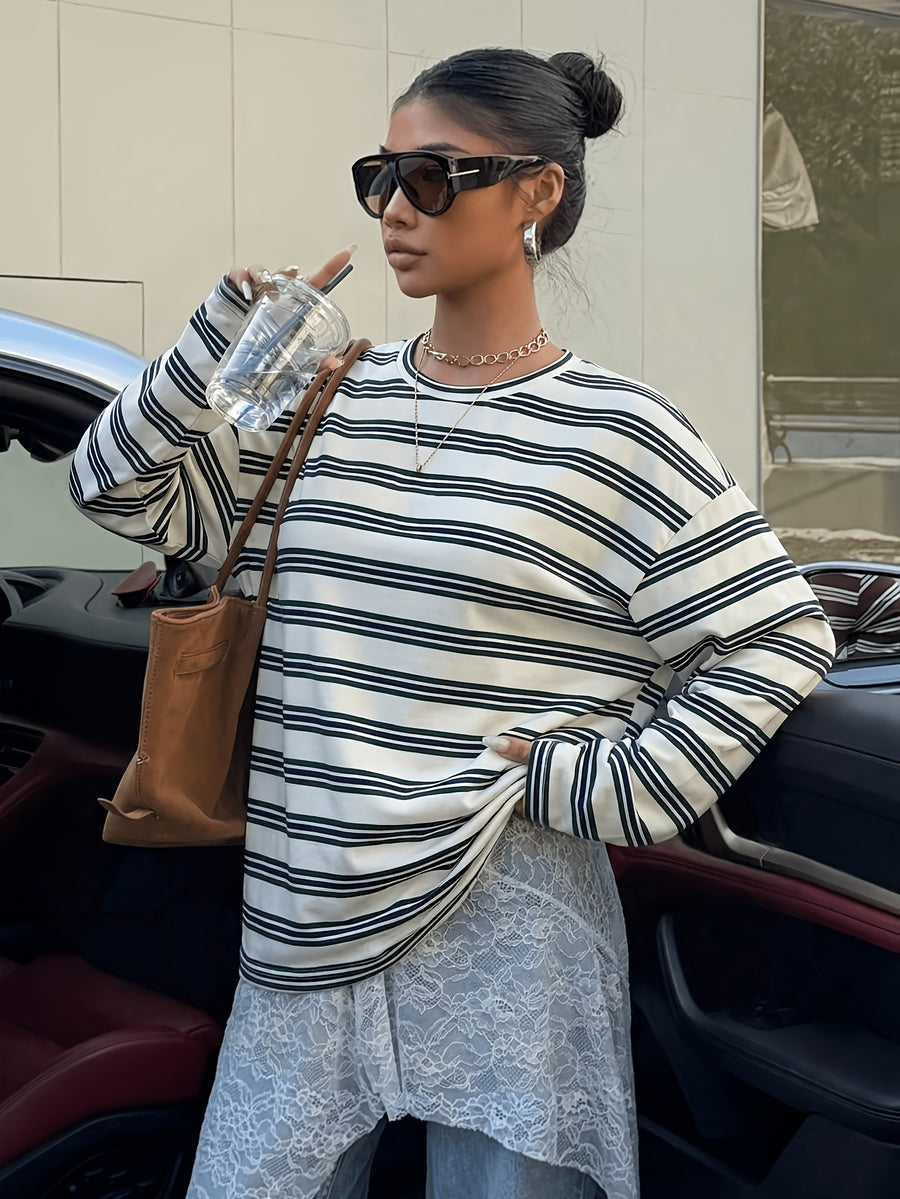 Vintage Brown/White/Blue Striped Oversized T-Shirt - Loose Fit Drop Shoulder Long Sleeve Top Suitable for Slightly Fuller Figures, Machine Washable Layering Piece for Fall Winter Wardrobe, Pilling & Fade Resistant Style - Mixed Color 4