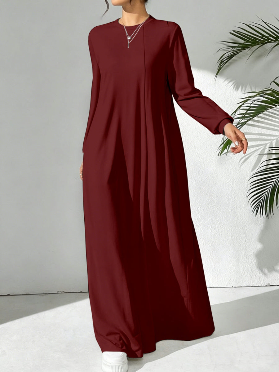 Women'S Casual Solid Color Arabian Style Dress, Spring/Autumn Season, Easy Long Sleeve Dress, Perfect for Beach/Casual/Vacation/Home Wear/Daily Wear - Burgundy