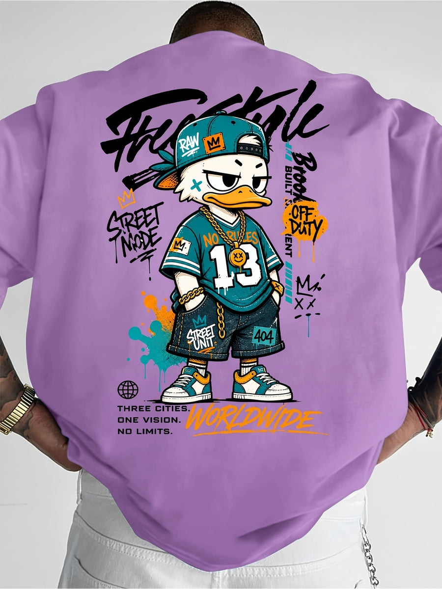 Printed Design, Non-textured, European and American Casual Style Men's Leisure T-shirt with Duck Image, Layered with Street Font Graphics, for Daily Commuting and Casual Wear - Mixed Color 8