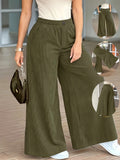 Plus Size, Women's Plus Size Corduroy Fashion Casual Wide-Leg Pants with Pocket Design, Elegant Loose Straight-Leg Trousers, High-Waist Flowy Wide-Leg Pants, Loose Fit Long Pants - Olive Green