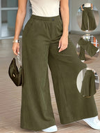 Plus Size, Women's Plus Size Corduroy Fashion Casual Wide-Leg Pants with Pocket Design, Elegant Loose Straight-Leg Trousers, High-Waist Flowy Wide-Leg Pants, Loose Fit Long Pants - Olive Green