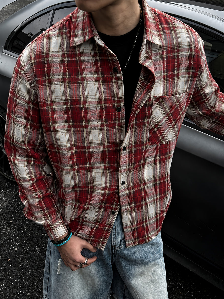 Men'S Vintage Plaid Long Sleeve Shirt, Loose Casual Button-Up Jacket Style Overshirt, Japanese Trendy Brand Lapel Checkered Shirt, Suitable for Outdoor Daily Wear in Spring, Autumn, And Winter - Burgundy
