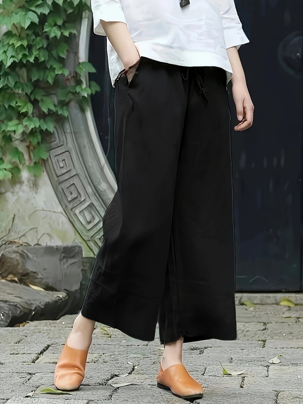 3pcs Set of Elegant Loose Breathable Wide-Leg Trousers Ankle Pants - Black+Khaki+Carmine