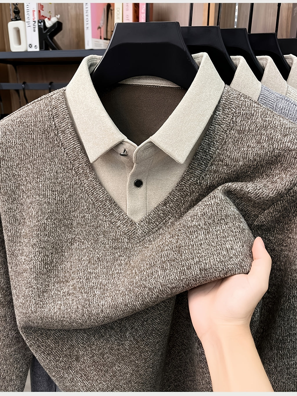 Men'S Autumn V-Neck Faux Two-Piece Pullover Sweater Top, Shirt Collar Patchwork Sweater, Casual Sportswear Top, Warm And Comfortable, Autumn Business Casual Daily Travel Commute Gift Choice, Knit - Light Coffee