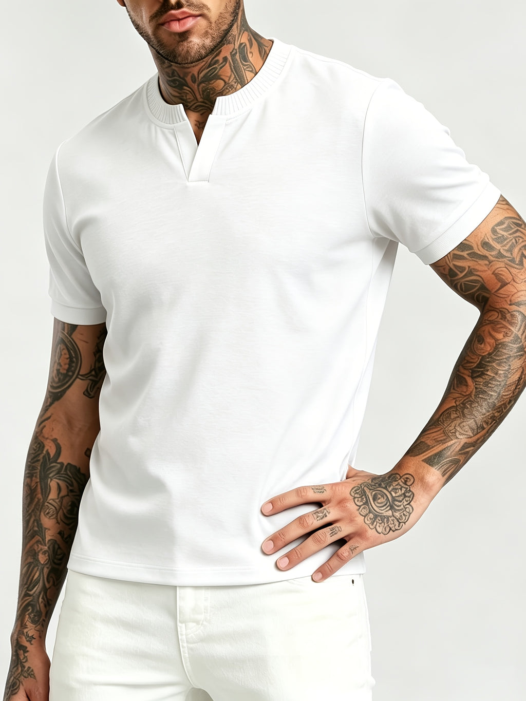 [Pearson OBM] Summer Cool Short Open V-Neck Men'S Henley Shirt, Stretchy Comfortable Solid Base Layer, Breathable And Flat Fit, Practical Men'S Birthday Gift Holiday Item, All-Scene Wear for Fitness, Hiking, Home, And Vacation - White