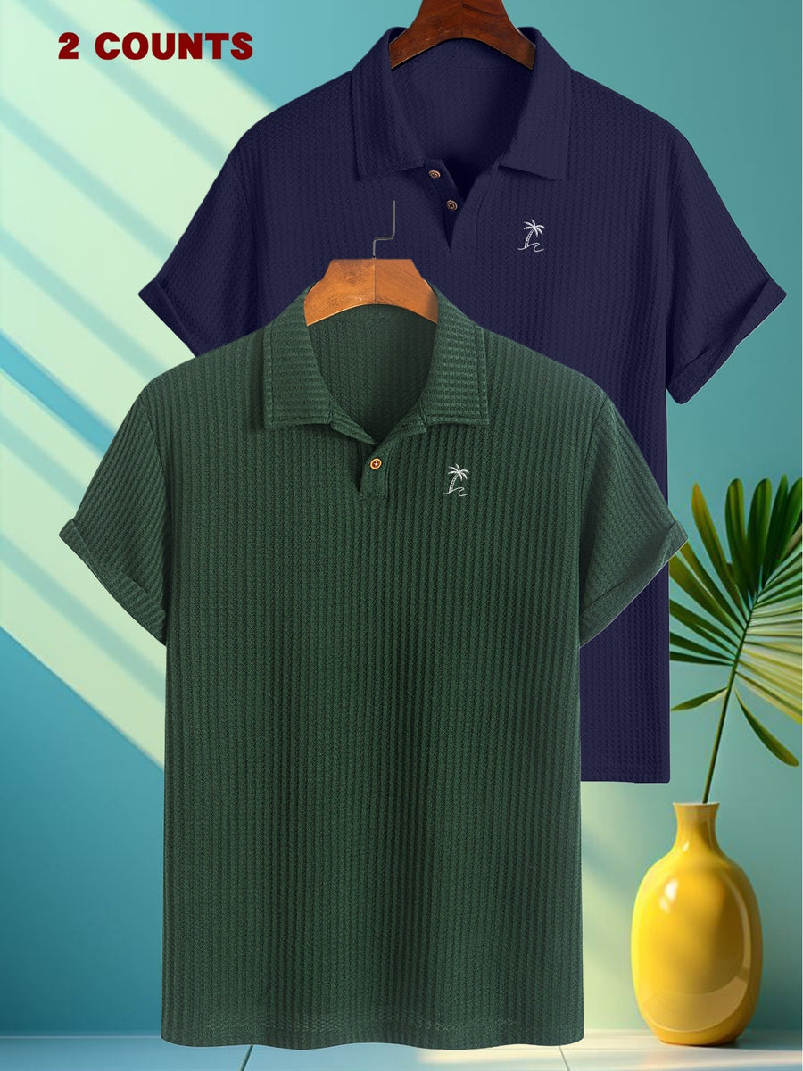 FM723 Palm Tree Print 2pcs Summer Men'S Textured Jacquard Short-Sleeved POLO Shirt Comfortable Casual Soft Knitted Lapel Daily Business Top Gift - Dark Green + Navy Blue