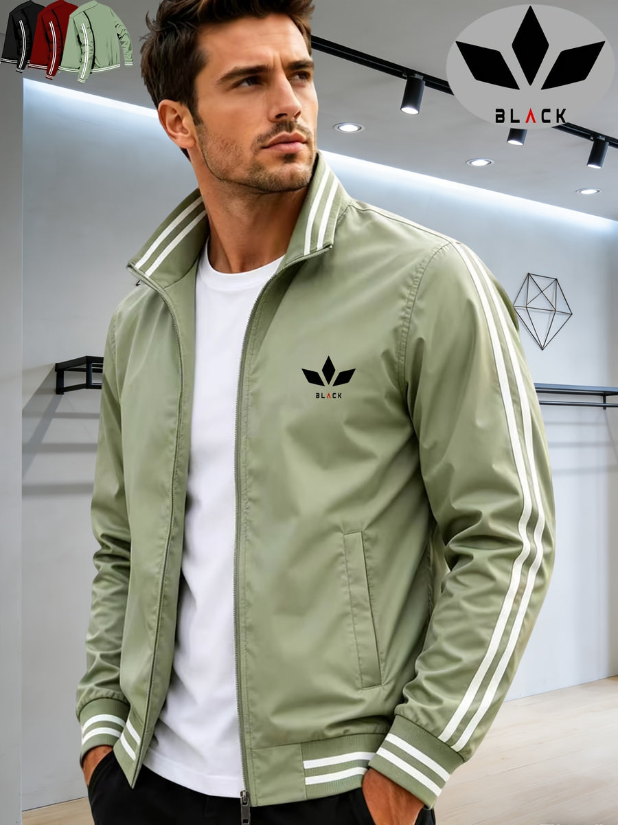 Men's Spring/Autumn Stand Collar Baseball Jacket with "BLACK" Lettering and Diamond Pattern Print, Zipper Front with Contrast Stripes, Lightweight Casual Windproof Sports Jacket - Light Green
