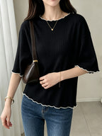 Women's French Ruffle Top - Spring Summer Stretchy High-Elasticity Ruffle Trim Shirt, Solid Color Non-Sheer Machine Washable Suitable for Daily Commute, Office & Casual Wear, French Style Wardrobe Essential - Black