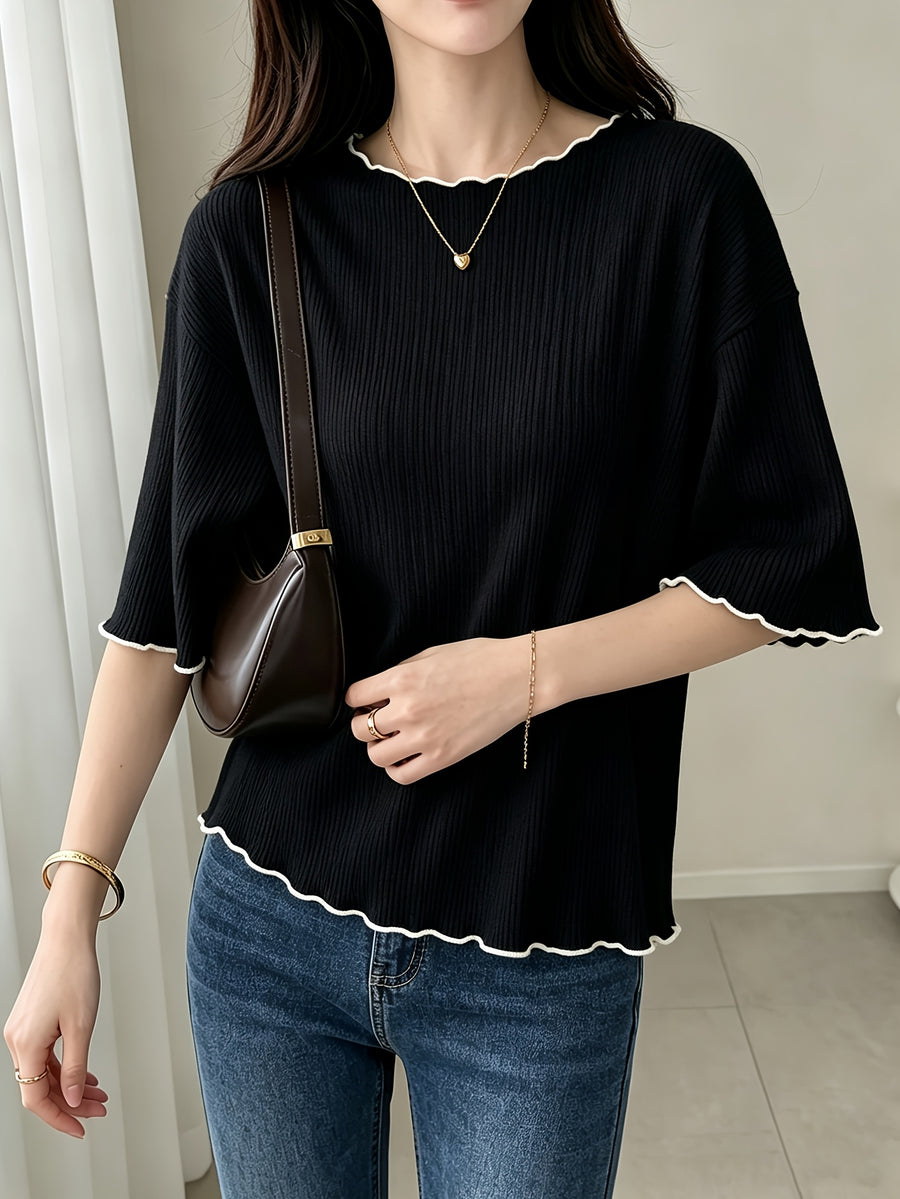 Women's French Ruffle Top - Spring Summer Stretchy High-Elasticity Ruffle Trim Shirt, Solid Color Non-Sheer Machine Washable Suitable for Daily Commute, Office & Casual Wear, French Style Wardrobe Essential - Black