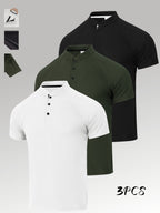3-Pc Value Men'S Henley Shirt Short Sleeve Waffle Knit Breathable Stand Collar Polo Shirt Raglan Slim Fit Summer Sports Commute Versatile Top - White+Army Green+Black