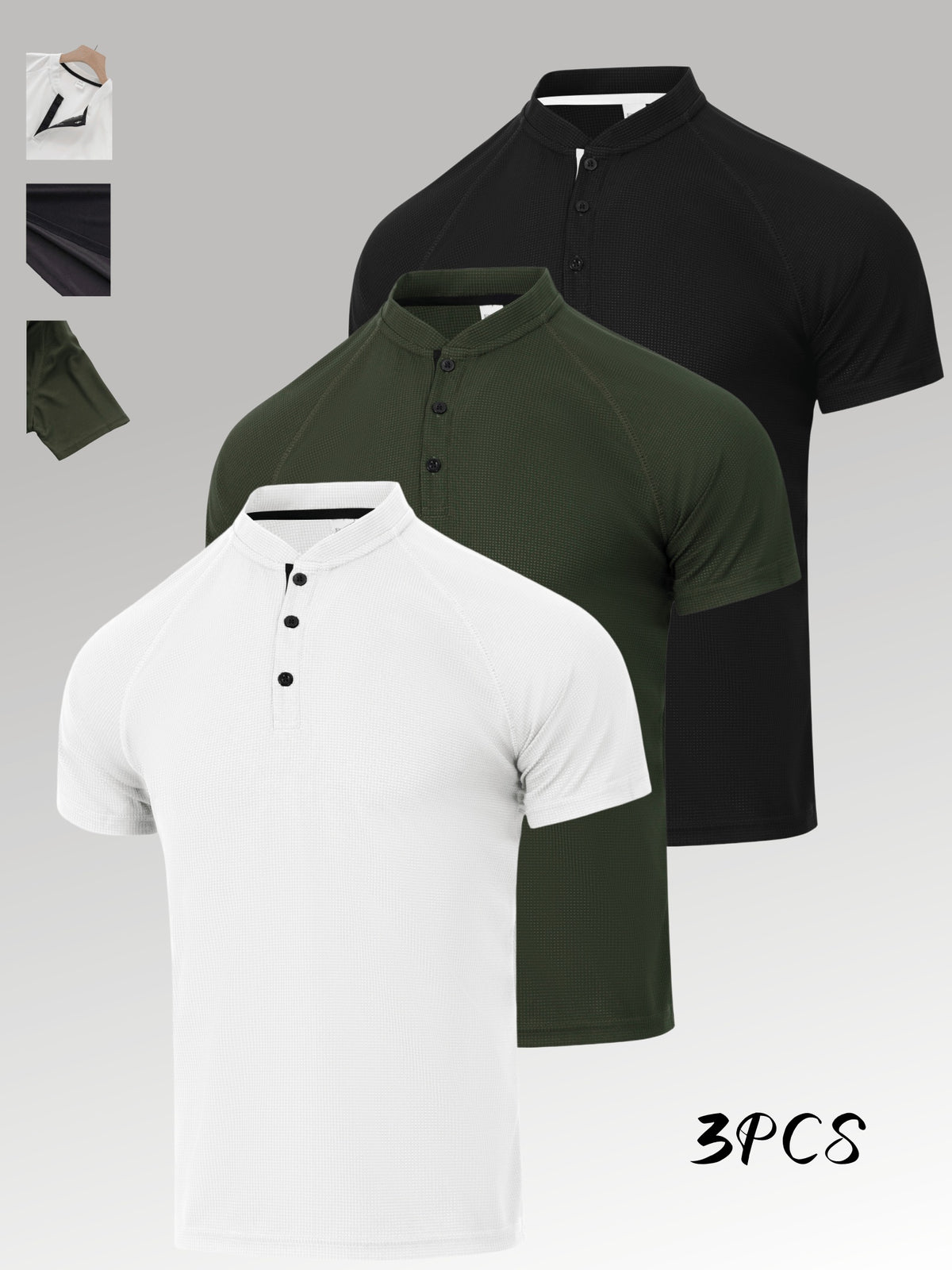 3-Pc Value Men'S Henley Shirt Short Sleeve Waffle Knit Breathable Stand Collar Polo Shirt Raglan Slim Fit Summer Sports Commute Versatile Top - White+Army Green+Black
