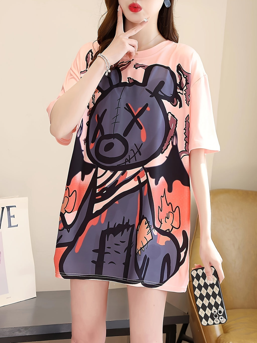 New Summer Collection of Plus-Size Loose-Fitting Stylish Cartoon Print Women'S Mid-Length Short-Sleeve T-Shirts - Pink