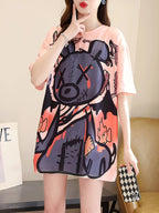 New Summer Collection of Plus-Size Loose-Fitting Stylish Cartoon Print Women'S Mid-Length Short-Sleeve T-Shirts - Pink