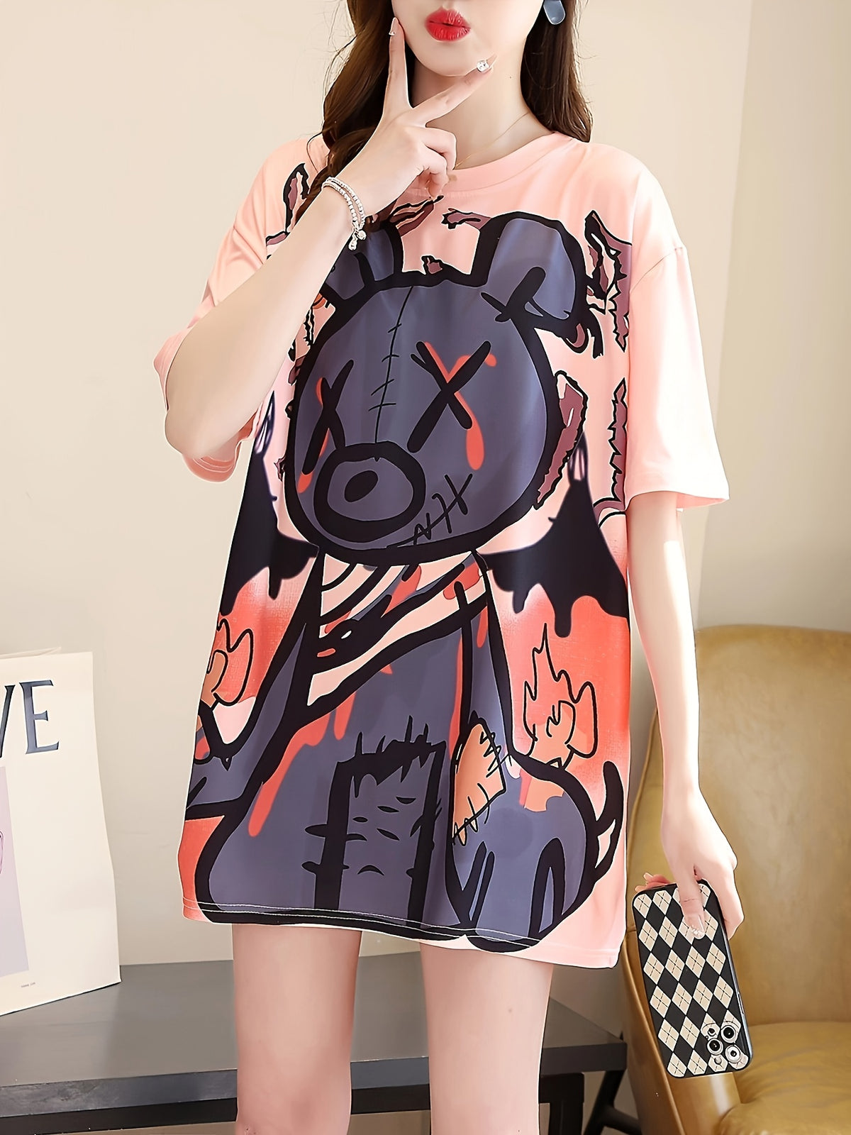 New Summer Collection of Plus-Size Loose-Fitting Stylish Cartoon Print Women'S Mid-Length Short-Sleeve T-Shirts - Pink