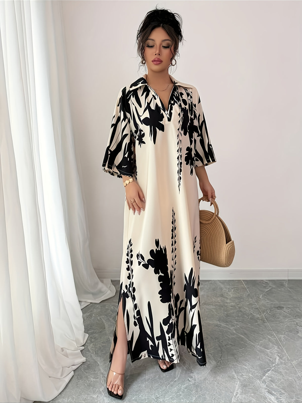 YY0402040 Summer Elegant Holiday Party Floral Print Lapel 3/4 Sleeve Slit Hem Loose Dress - apricot + black