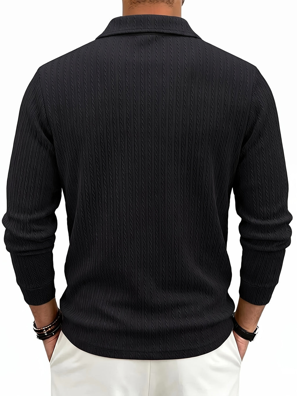 New Autumn Winter Men'S Fashion Casual Outdoor Jacquard Lapel Button-Up Long Sleeve Henley Shirt, Boyfriend Birthday Gift - Black