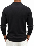 New Autumn Winter Men'S Fashion Casual Outdoor Jacquard Lapel Button-Up Long Sleeve Henley Shirt, Boyfriend Birthday Gift - Black