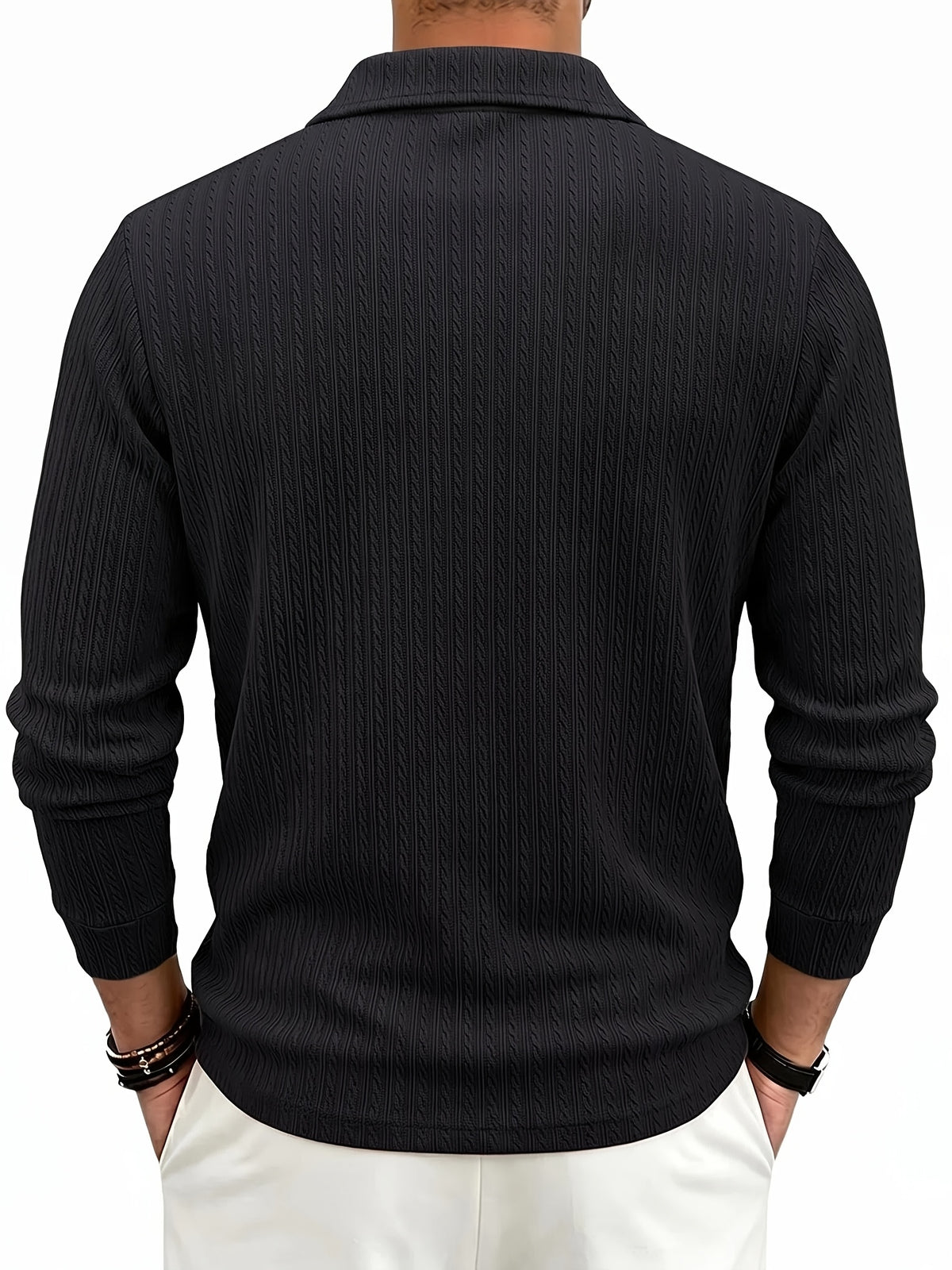 New Autumn Winter Men'S Fashion Casual Outdoor Jacquard Lapel Button-Up Long Sleeve Henley Shirt, Boyfriend Birthday Gift - Black