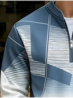 [Print Design - Not Textured] Men'S Blue White Gradient Striped Print Half-Zip Sweatshirt, Fashionable Long-Sleeve Pullover, Suitable for Casual Wear, Outdoor Activities, And Street Style - Mixed colors