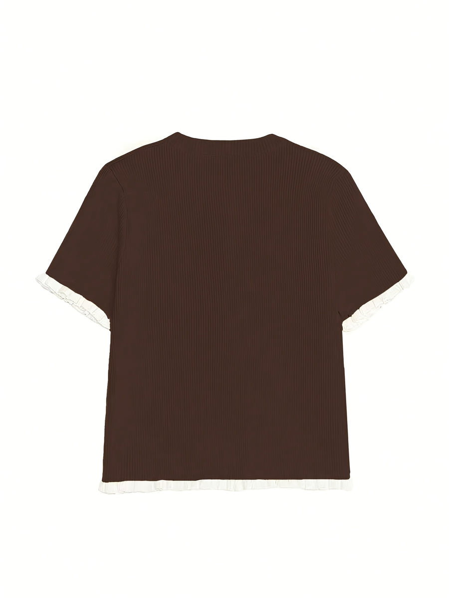 Women's Summer Button Ear Design Edge Design, Top, Elegant Casual Top Casual Short Sleeve, Suitable for Dating Daily Wear - Dark Brown