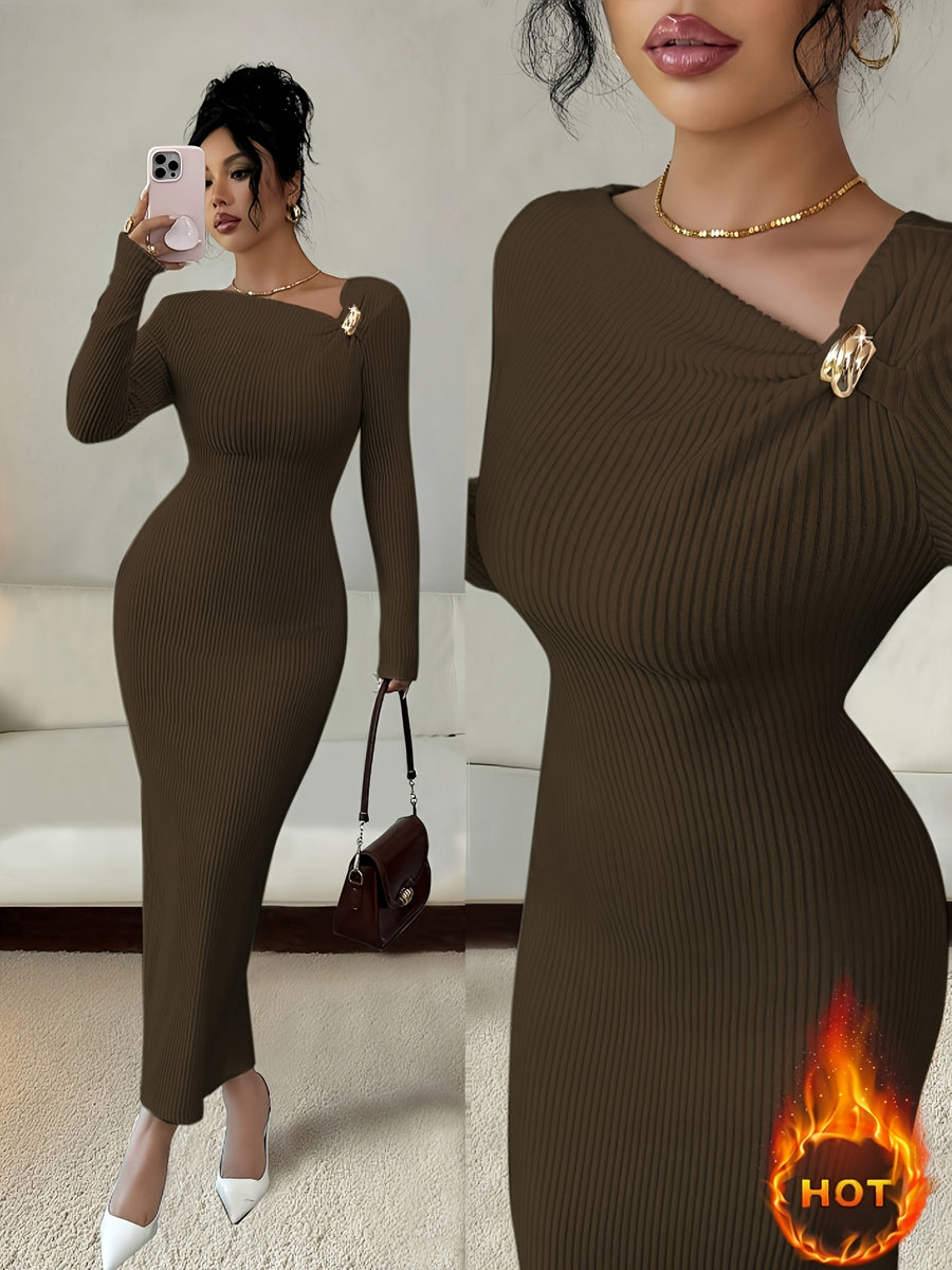 Elenzga Women'S Solid Color Long Sleeve Asymmetric Collar Bodycon Midi Dress | Elegant, Metal Decoration, Suitable For Spring/Summer/Fall - Dark Brown