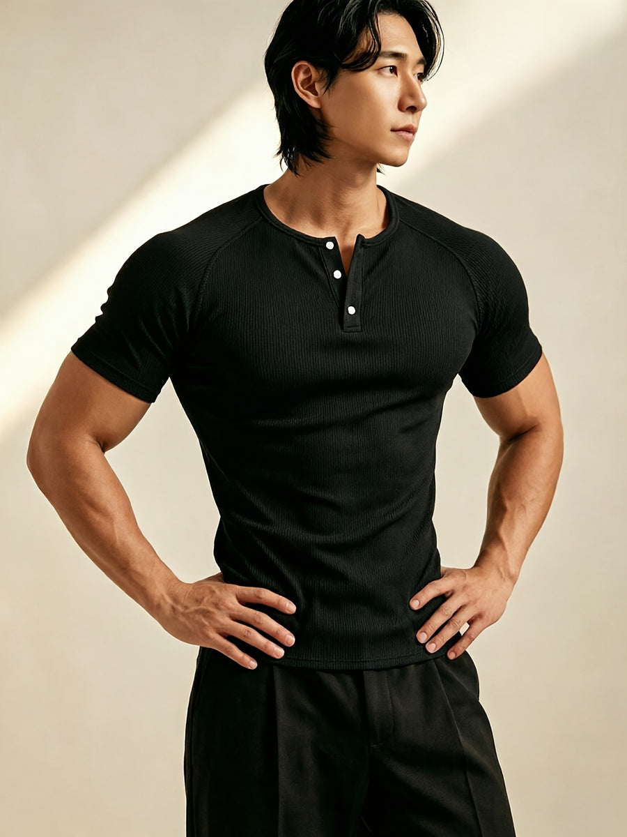 Men's Vertical Ribbed Pin Stripe Henley Neck Short Sleeve T-Shirt, Slim Fit Muscle-Defining Shaping Top, Stretchy Breathable Ribbed Raglan Sleeve Knitwear, Versatile Henley Shirt for Fitness, Commuting, and Daily Wear - Black