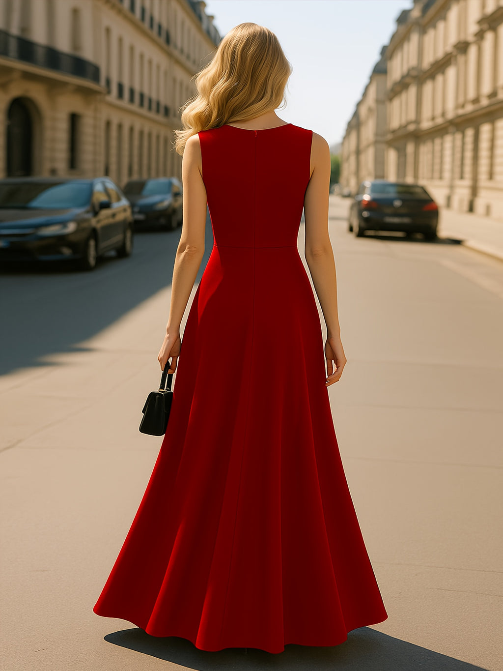 Elegant Women's Deep V-neck Sleeveless Dress with High Waist and Cinched Waistline, Featuring a High Front Slit Design. The Flowing A-line Skirt Shape Enhances Body Proportions, Elongating Legs and Exuding Grace. Suitable for Semi-formal Occasions - Red