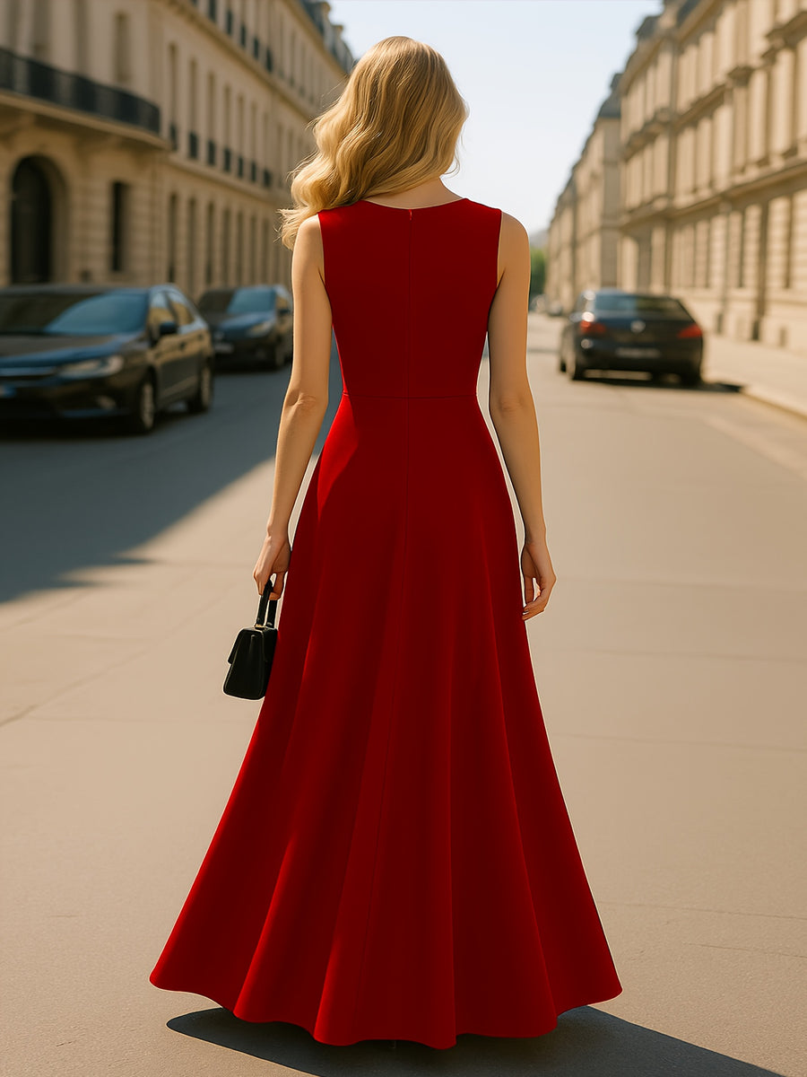 Elegant Women's Deep V-neck Sleeveless Dress with High Waist and Cinched Waistline, Featuring a High Front Slit Design. The Flowing A-line Skirt Shape Enhances Body Proportions, Elongating Legs and Exuding Grace. Suitable for Semi-formal Occasions - Red