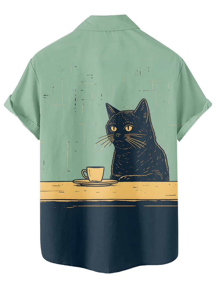 Cat Drinking Coffee Vintage Pattern 3D Print Men'S Shirt Casual Individual Hip-Hop Rock Street Hawaiian Shirt - Multicolor