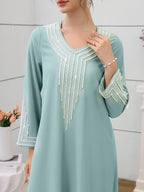 Najma Ladies' Loose Embroidered & Studded Long Robe for Festivals, Modest KaftanLadies' Loose Embroidered & Studded Long Robe for Festivals, Modest Kaftan - Malachite Green