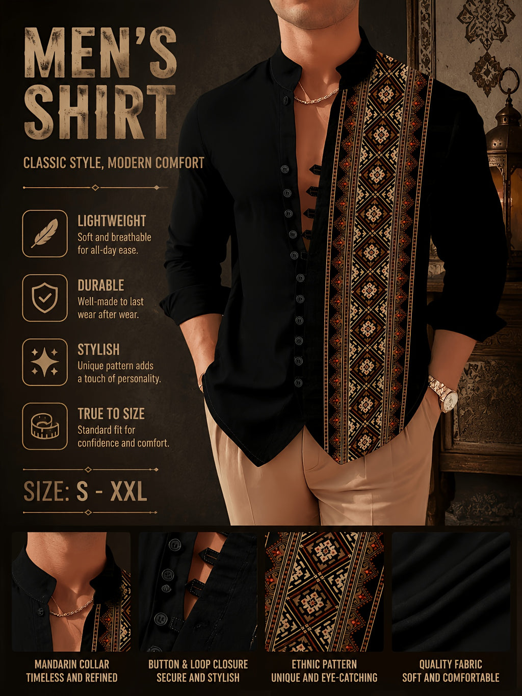 Men's Stand Collar Long Sleeve 11 Buttons Shirt Vintage Ethnic Geometric Print Slim Fit Shirt Business Casual Daily Commute Party Vacation Versatile Top|| - Mixed colors