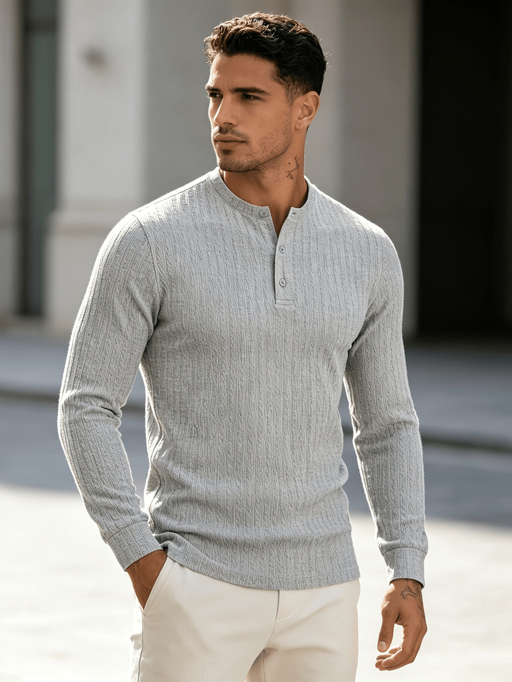 American-style Heavyweight Men's Knit Vintage Stretch Textured Pattern Casual Loose Fit Versatile Commuter Long-Sleeve Henley Shirt - Grey