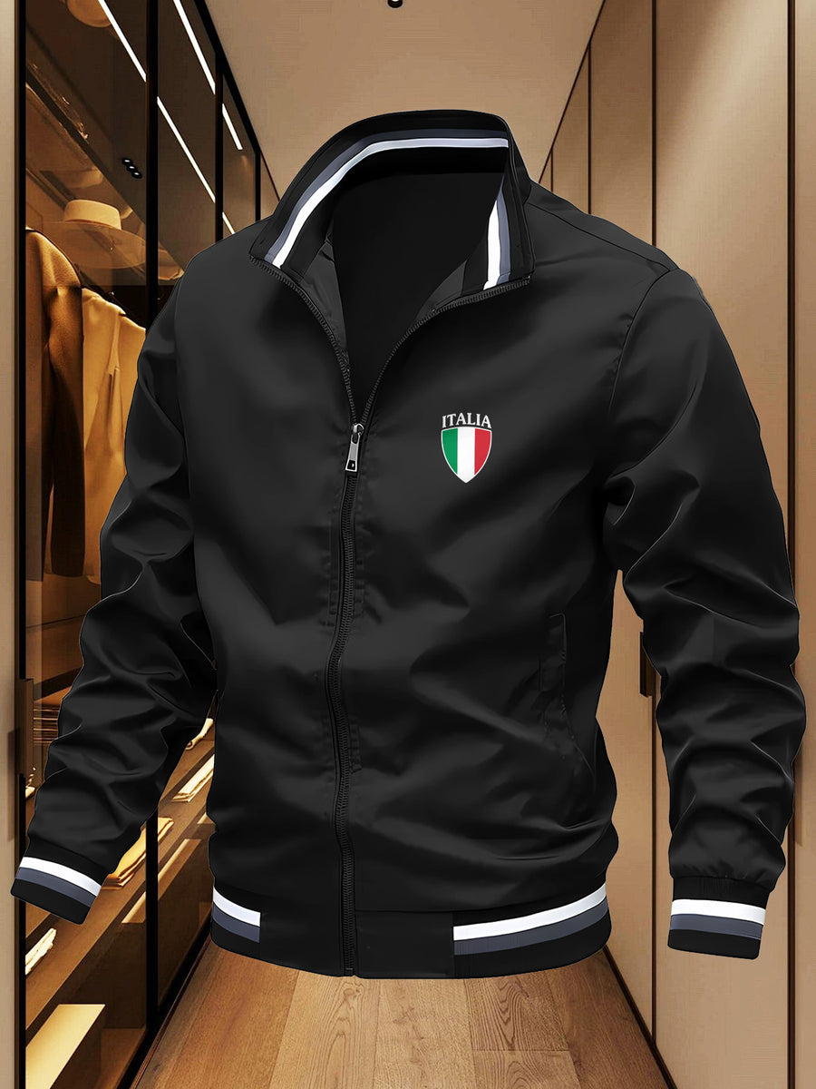 Men's Italian Shield Logo Baseball Jacket - High Collar Winter Warm Zipper Outerwear, Italian Shield Emblem & Ribbed Stripes, Machine Washable Fall/Winter Jacket for Casual & Wear - Star Black